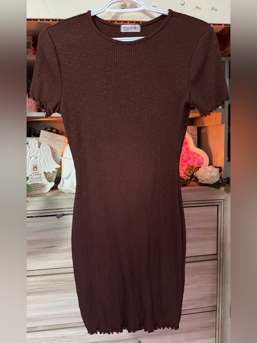 Popular 21 Brown Ribbed Short-Sleeve Bodycon Dress- Large